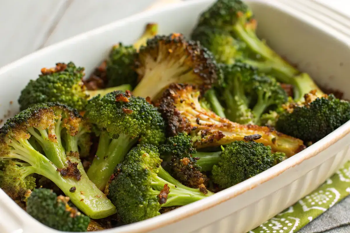 Crispy roasted broccoli on a baking sheet with golden edges.